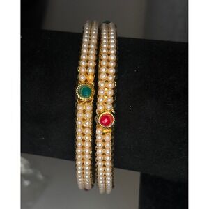 Indian Gold Tone Pearl Bangle Set Red Green Cabochon Bollywood Ethnic Bracelets